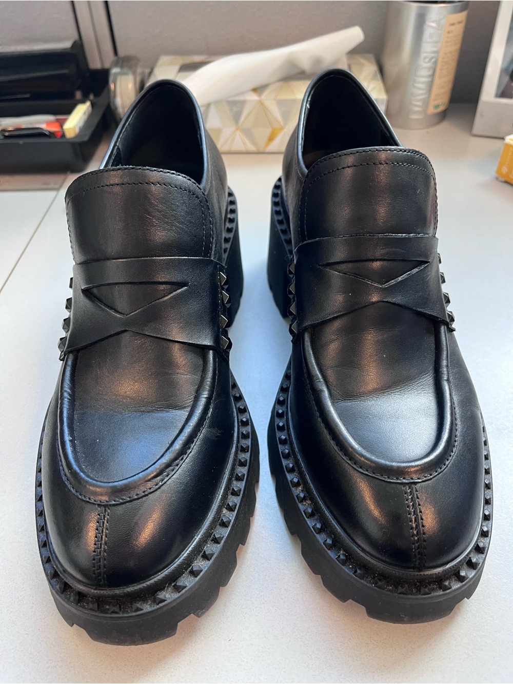 Ash Women's Black Leather Lug Sole Penny Loafers